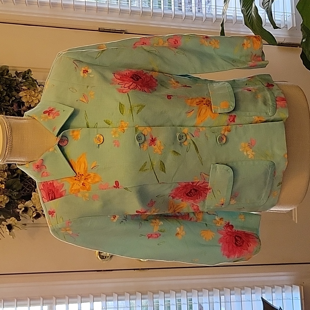 Emma James aqua pink coral floral linen blend short jacket ribbon trim 8 EUC …